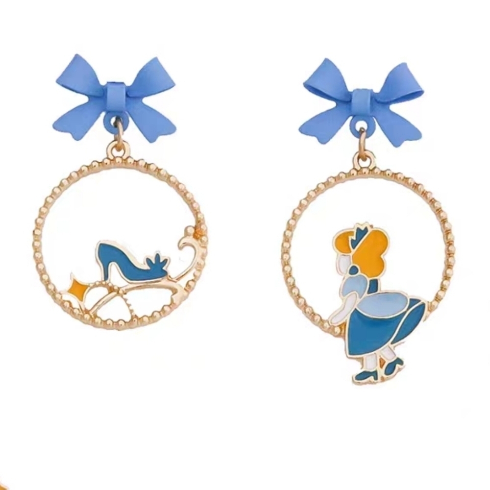 Disney Style Cinderella Drop Earrings Blue Bow & Glass Slipper Dangles - Picture 3 of 7